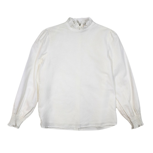[BS-MTPT51-WH] LINEN BLOUSE WITH RUFFLE AT NECK AND BACK BUTTONS